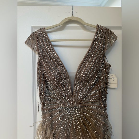 Elegant Gold Beaded Prom Gown with Feather Details BRAND NEW - Picture 9 of 17